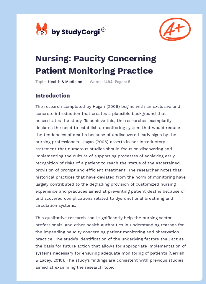 Nursing: Paucity Concerning Patient Monitoring Practice. Page 1