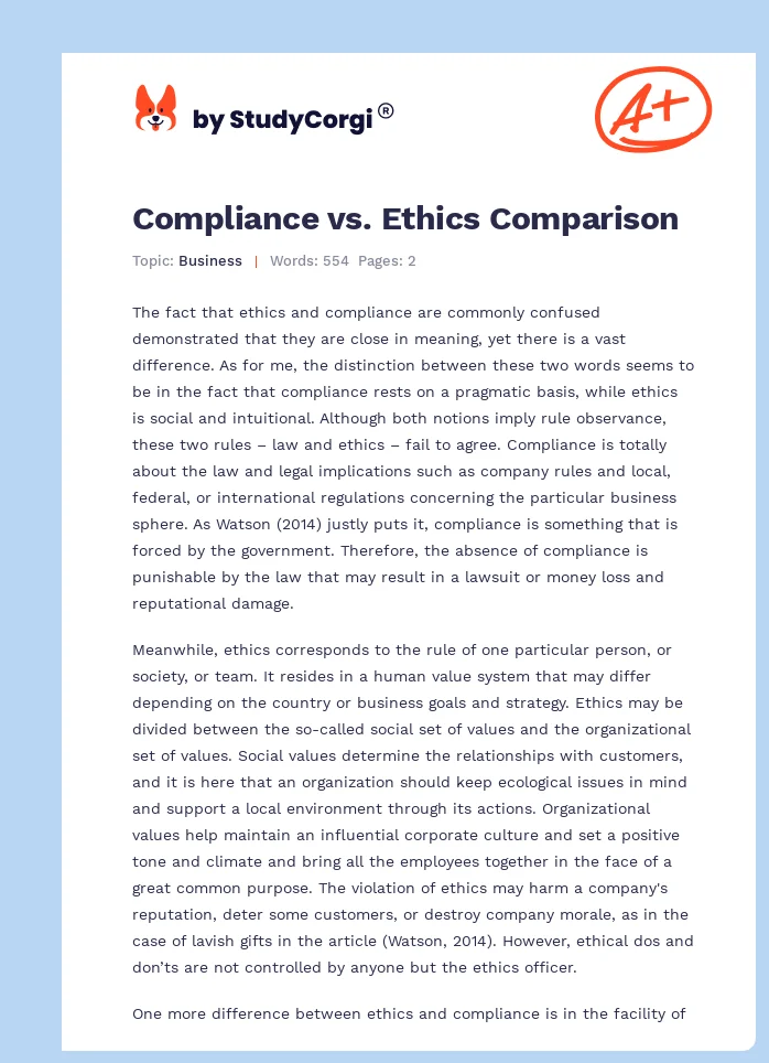 Compliance vs. Ethics Comparison. Page 1