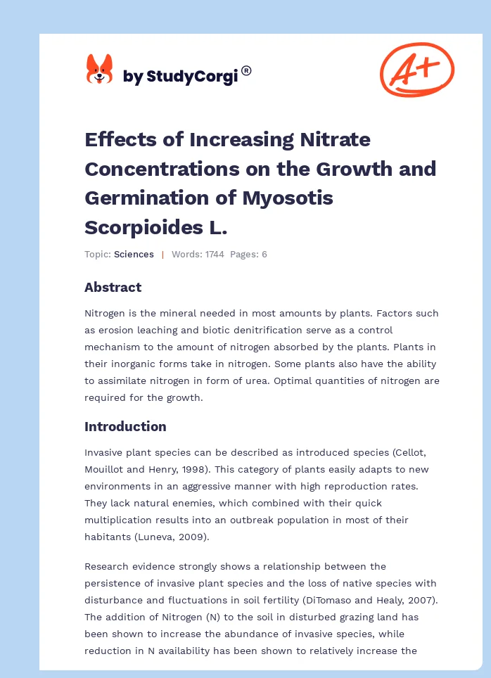 Effects of Increasing Nitrate Concentrations on the Growth and Germination of Myosotis Scorpioides L.. Page 1