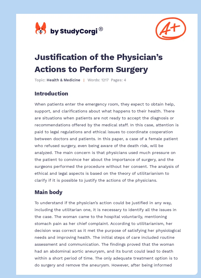 Justification of the Physician’s Actions to Perform Surgery. Page 1