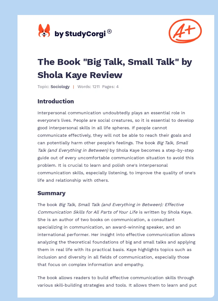 The Book "Big Talk, Small Talk" by Shola Kaye Review. Page 1