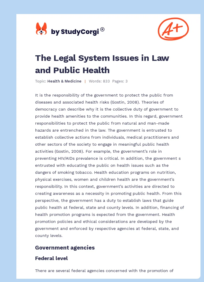 The Legal System Issues in Law and Public Health. Page 1