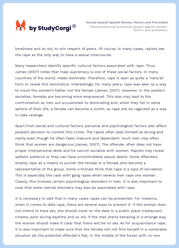 Sexual Assault Against Women: Factors and Prevention. Page 2