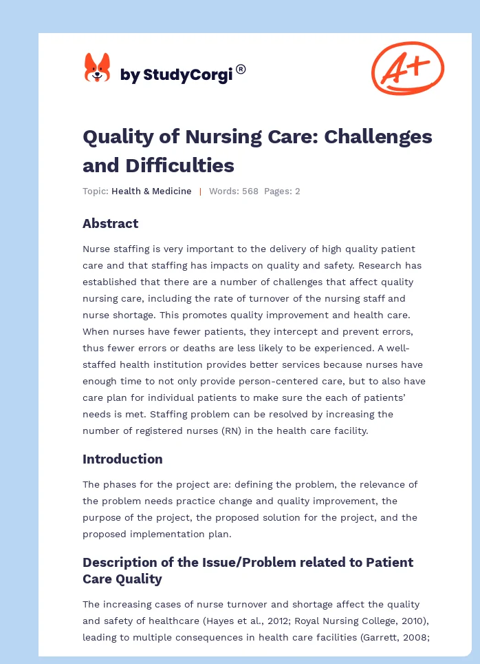 Quality of Nursing Care: Challenges and Difficulties. Page 1