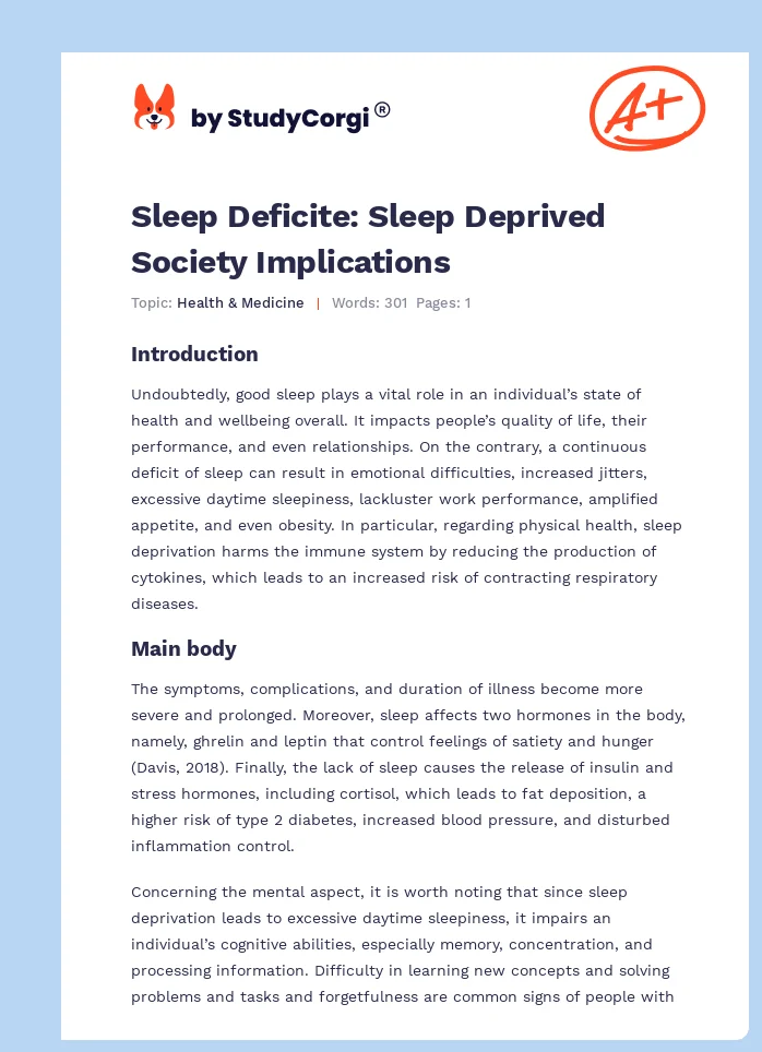 Sleep Deficite: Sleep Deprived Society Implications. Page 1