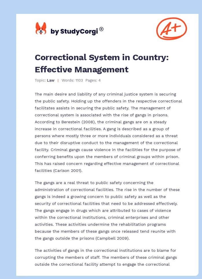 Correctional System in Country: Effective Management. Page 1