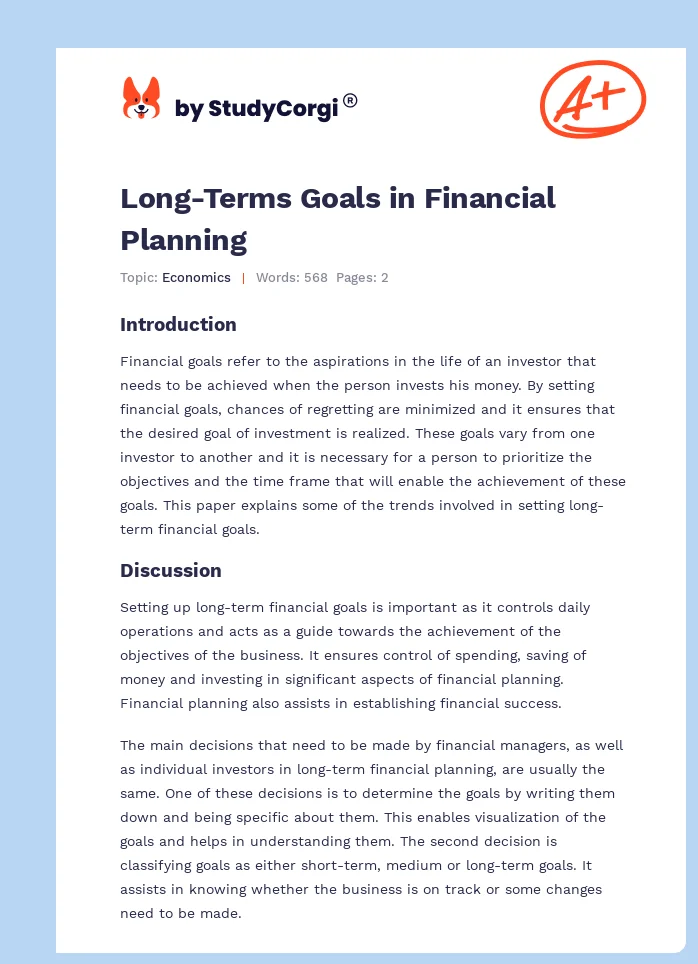 Long-Terms Goals in Financial Planning. Page 1
