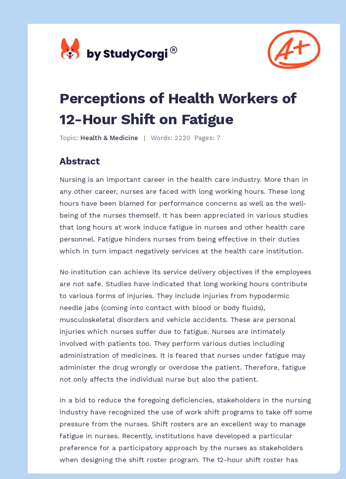 Perceptions of Health Workers of 12-Hour Shift on Fatigue. Page 1