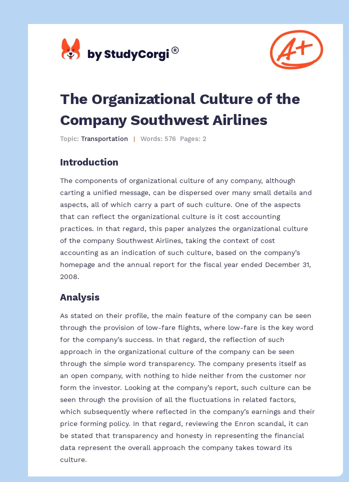The Organizational Culture of the Company Southwest Airlines. Page 1