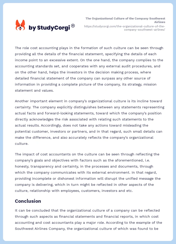 The Organizational Culture of the Company Southwest Airlines. Page 2