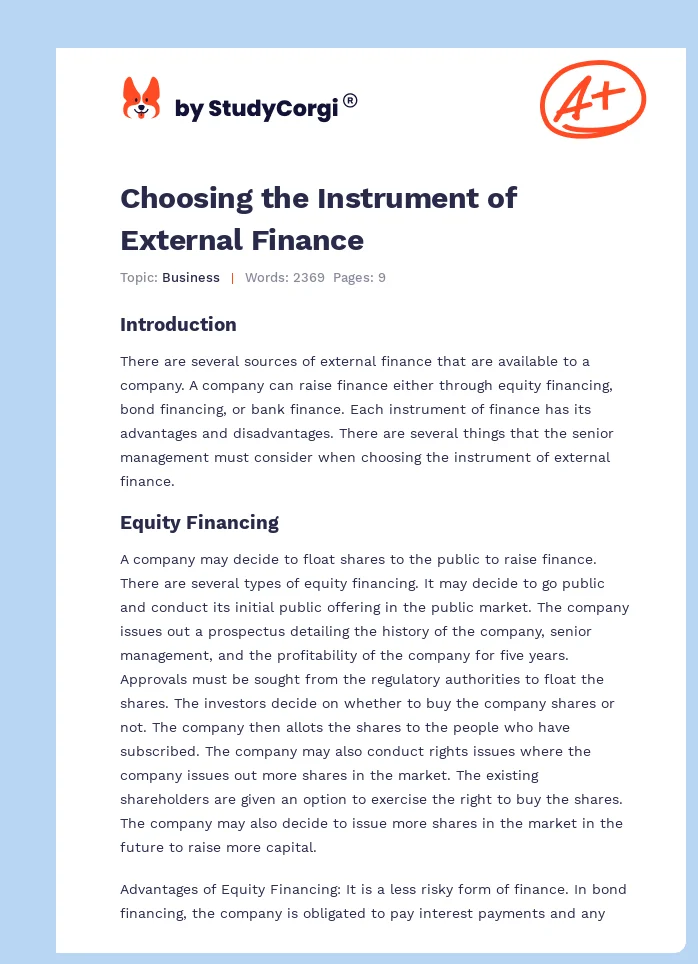 Choosing the Instrument of External Finance. Page 1