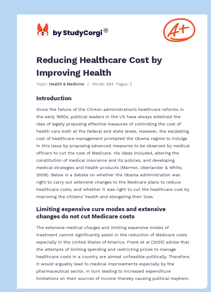 Reducing Healthcare Cost by Improving Health. Page 1