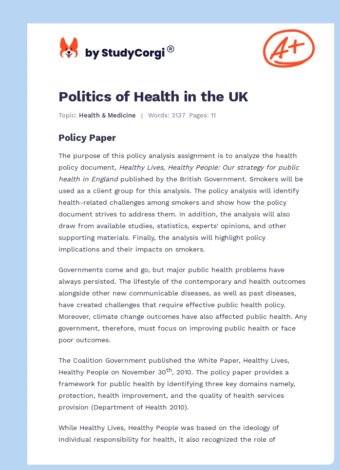 Politics of Health in the UK. Page 1