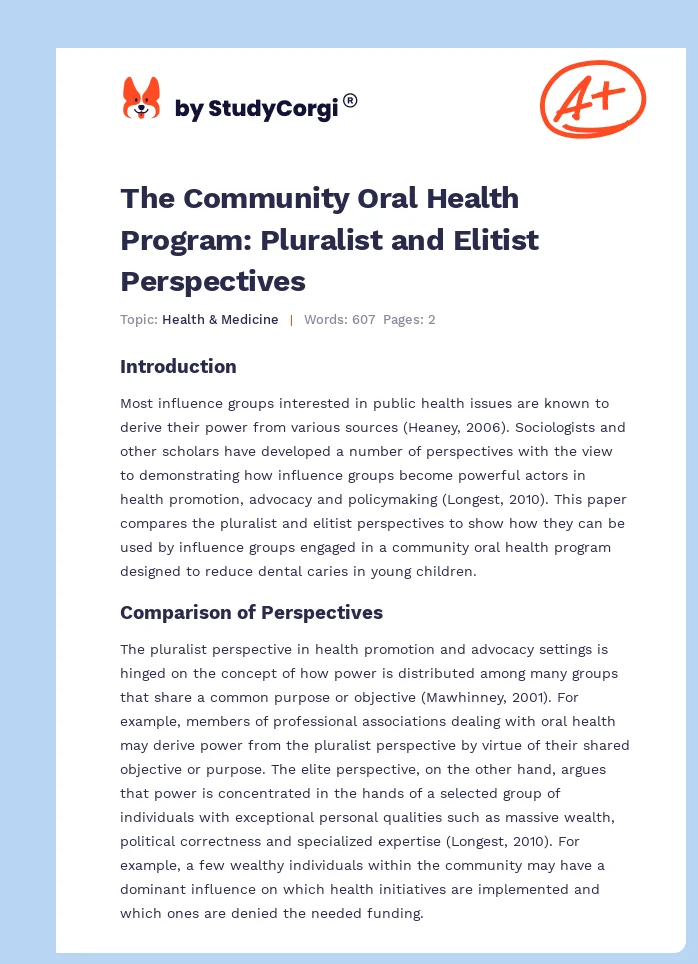 The Community Oral Health Program: Pluralist and Elitist Perspectives. Page 1