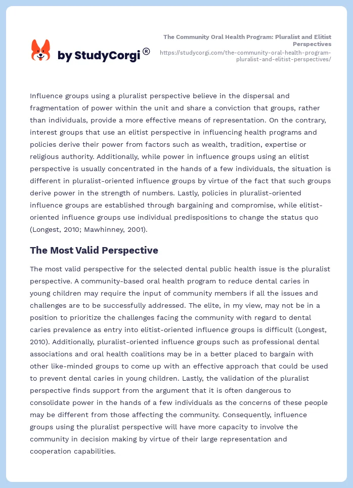 The Community Oral Health Program: Pluralist and Elitist Perspectives. Page 2