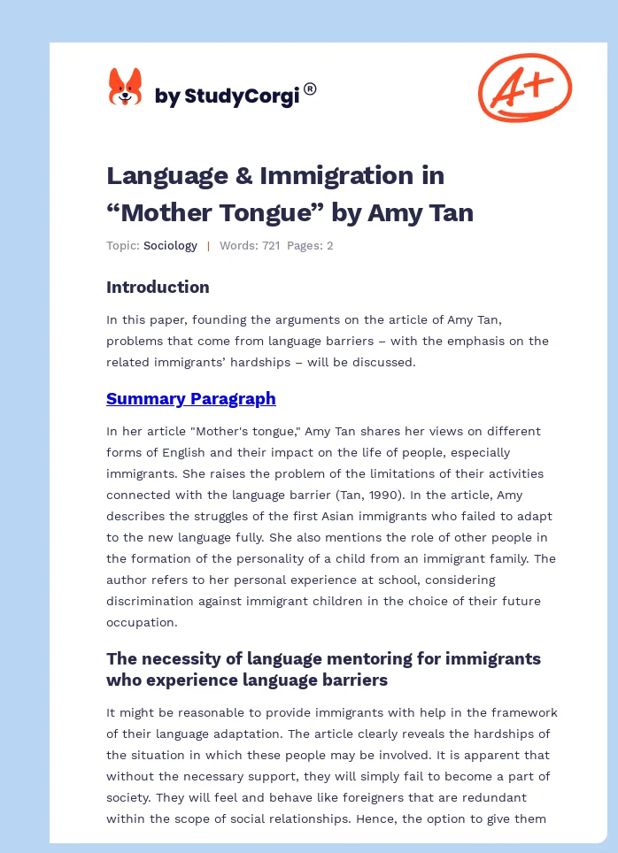 Language & Immigration in “Mother Tongue” by Amy Tan. Page 1