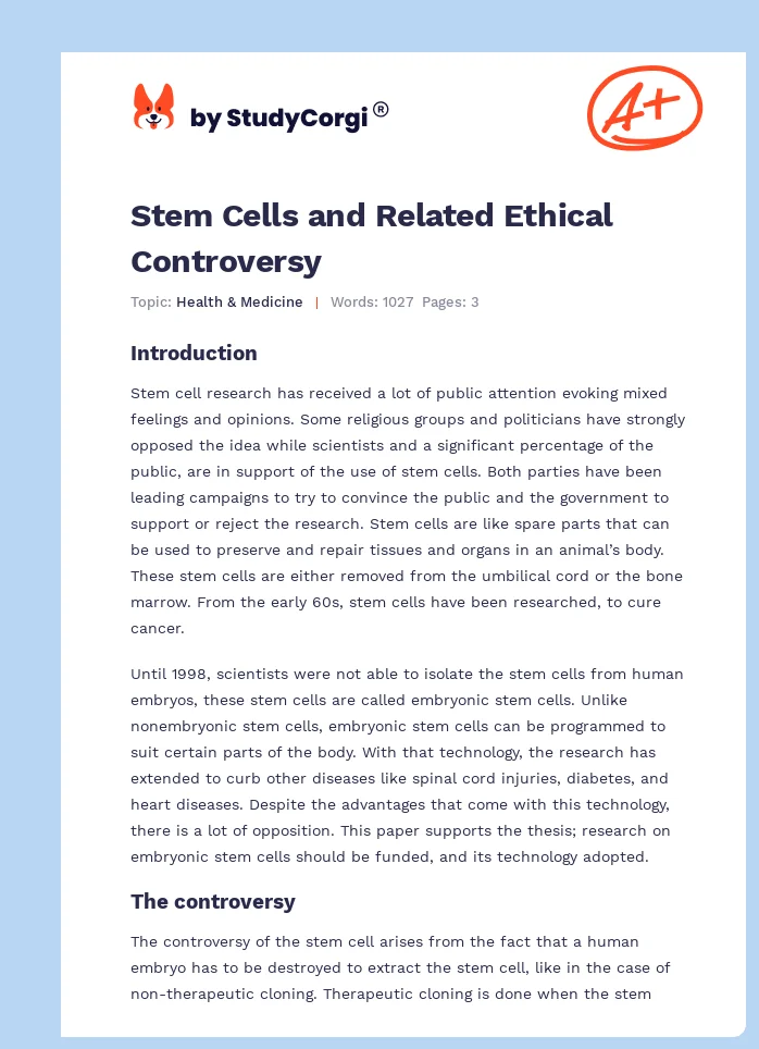 Stem Cells and Related Ethical Controversy. Page 1