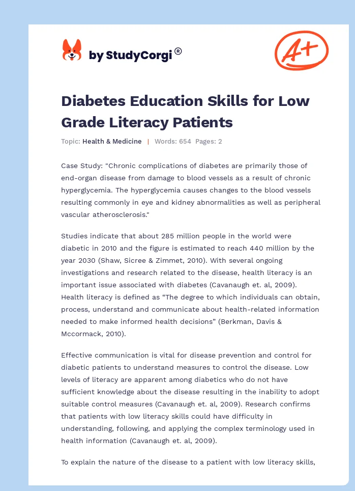 Diabetes Education Skills for Low Grade Literacy Patients. Page 1