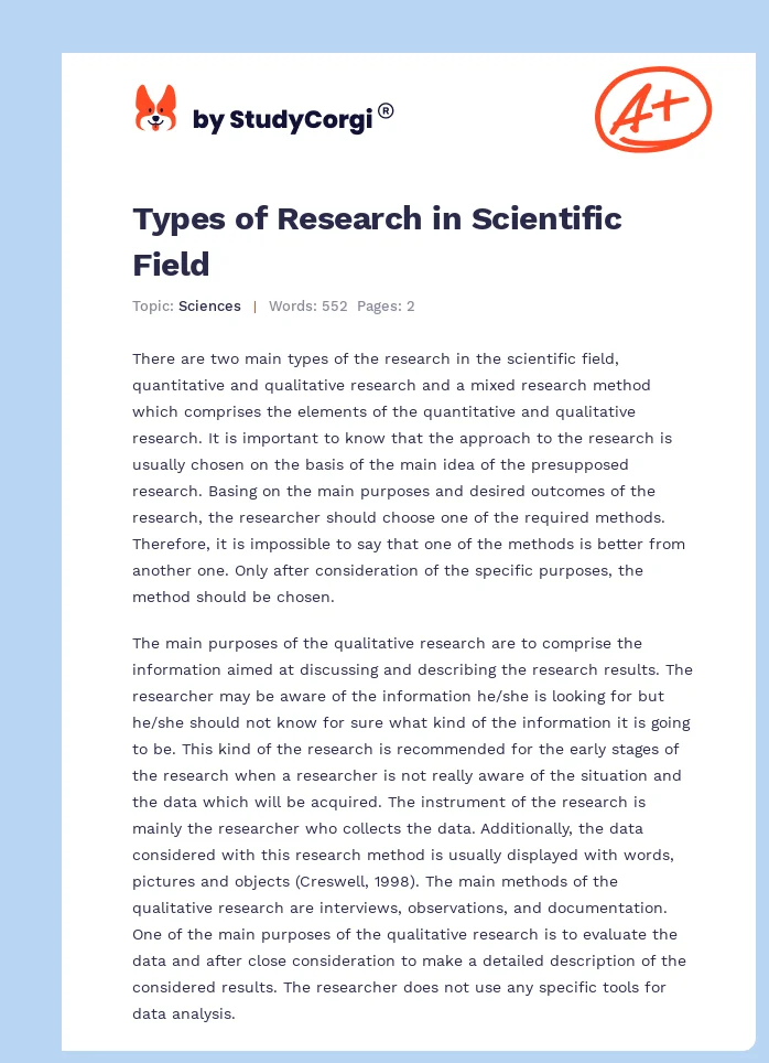 Types of Research in Scientific Field. Page 1