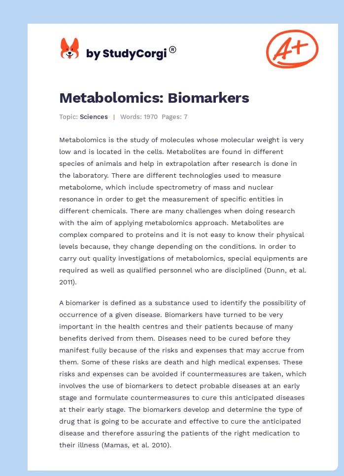 Metabolomics: Biomarkers. Page 1