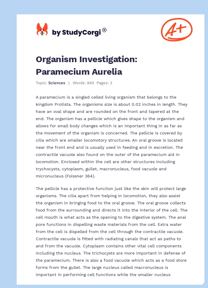 Organism Investigation: Paramecium Aurelia. Page 1
