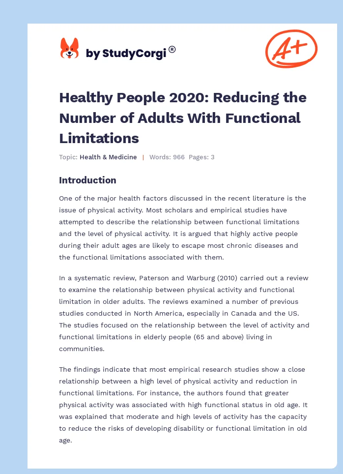 Healthy People 2020: Reducing the Number of Adults With Functional Limitations. Page 1