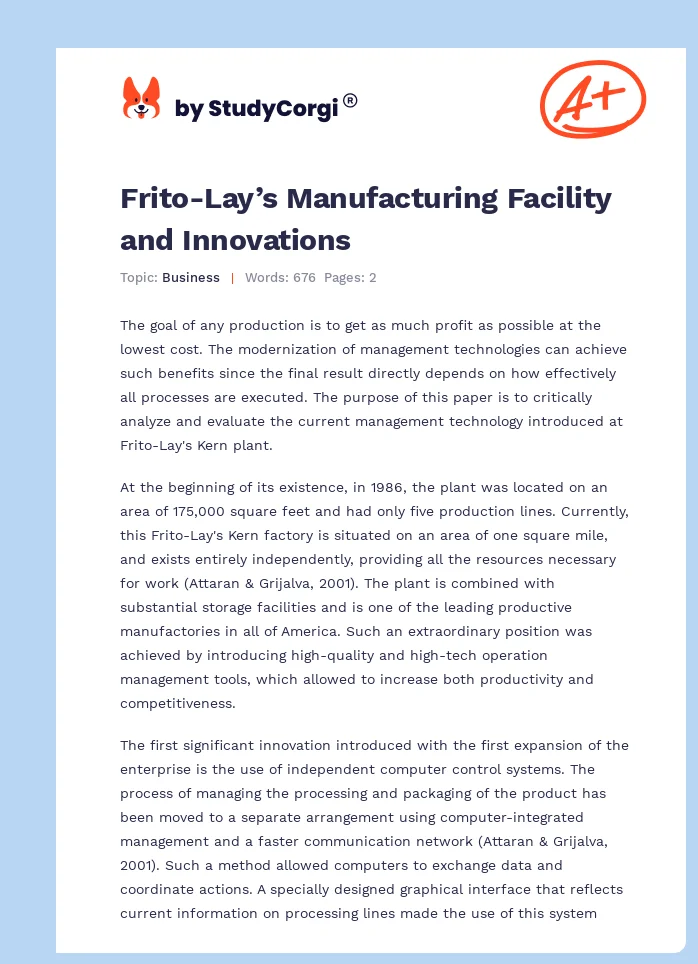 Frito-Lay’s Manufacturing Facility and Innovations. Page 1