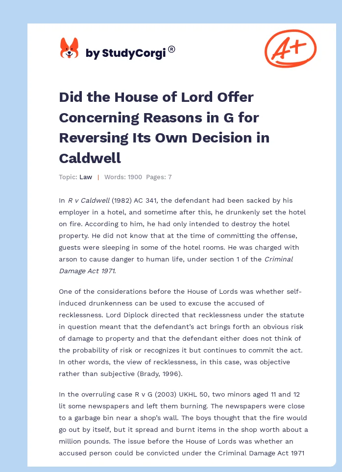 Did the House of Lord Offer Concerning Reasons in G for Reversing Its Own Decision in Caldwell. Page 1