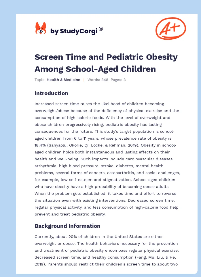 Screen Time and Pediatric Obesity Among School-Aged Children. Page 1