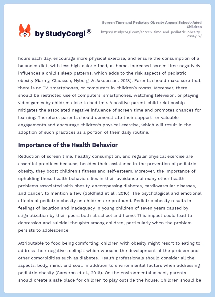 Screen Time and Pediatric Obesity Among School-Aged Children. Page 2