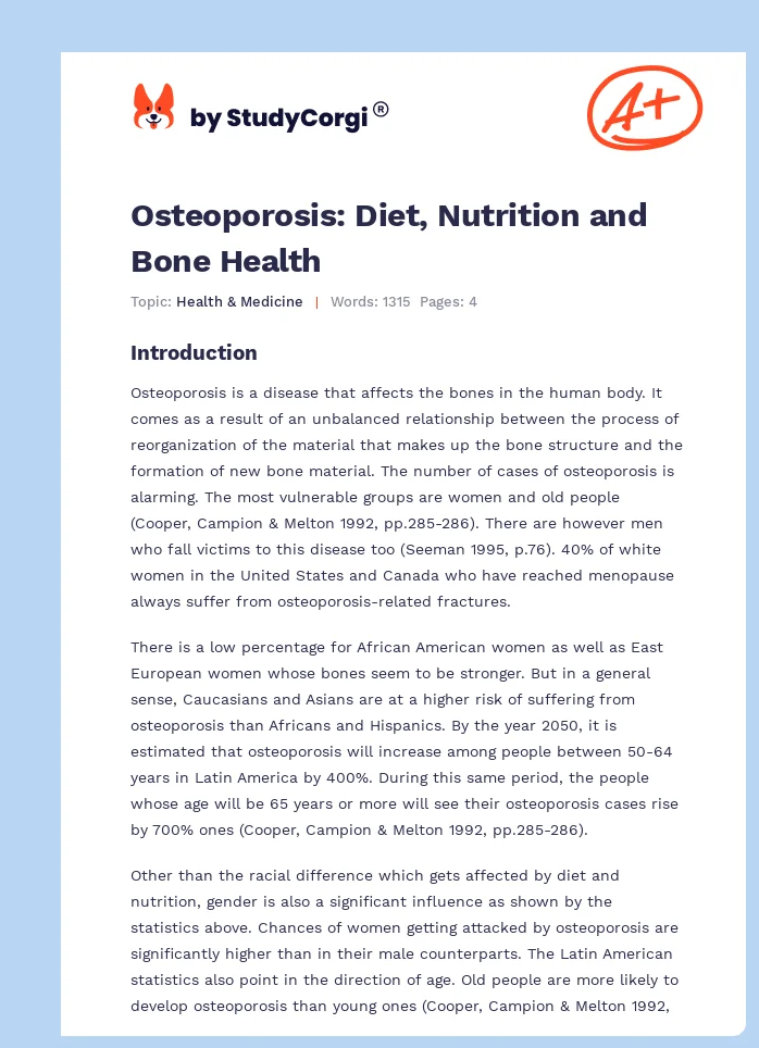 Osteoporosis: Diet, Nutrition and Bone Health. Page 1