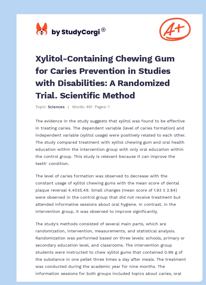 Xylitol-Containing Chewing Gum for Caries Prevention in Studies with Disabilities: A Randomized Trial. Scientific Method. Page 1