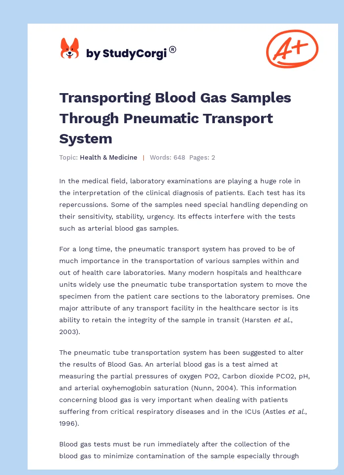 Transporting Blood Gas Samples Through Pneumatic Transport System. Page 1