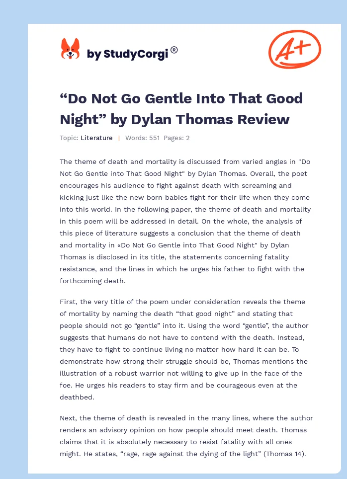 “Do Not Go Gentle Into That Good Night” by Dylan Thomas Review. Page 1