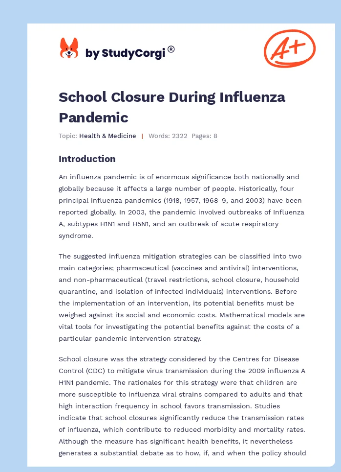 School Closure During Influenza Pandemic. Page 1