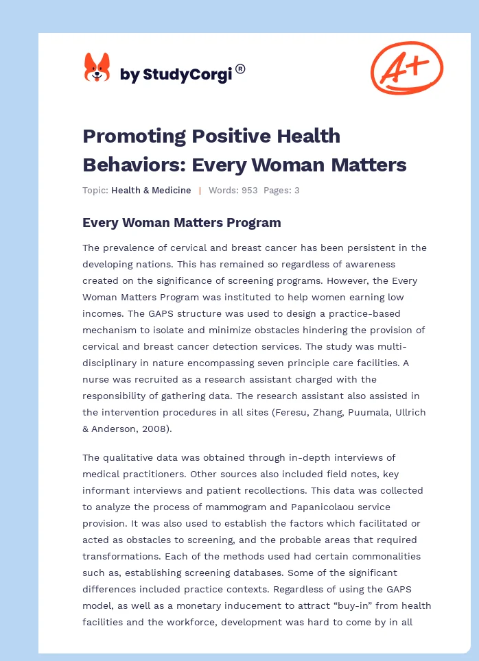 Promoting Positive Health Behaviors: Every Woman Matters. Page 1