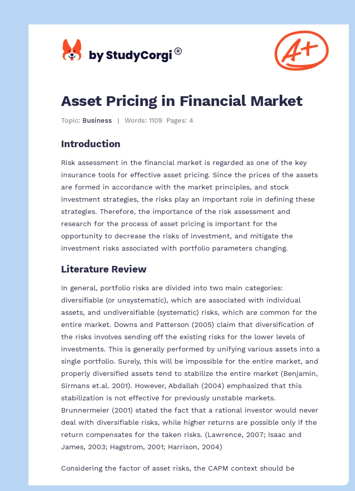 Asset Pricing in Financial Market. Page 1