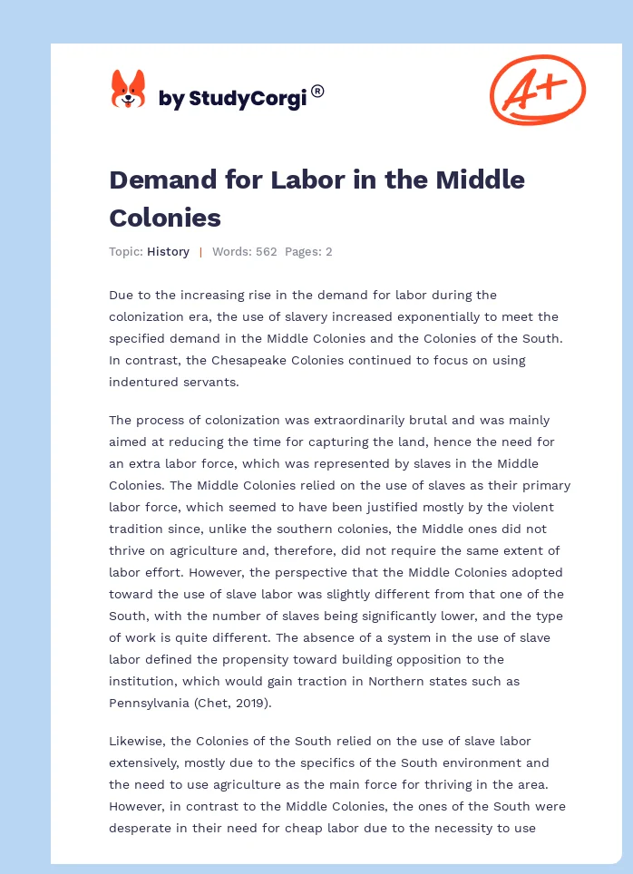 Demand for Labor in the Middle Colonies. Page 1