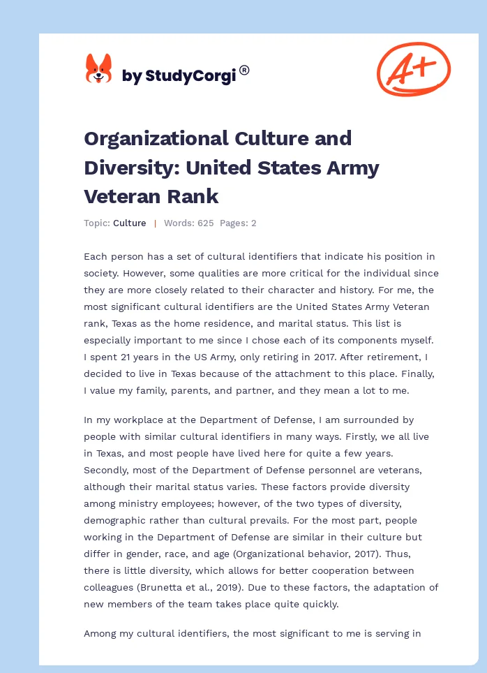 Organizational Culture and Diversity: United States Army Veteran Rank. Page 1