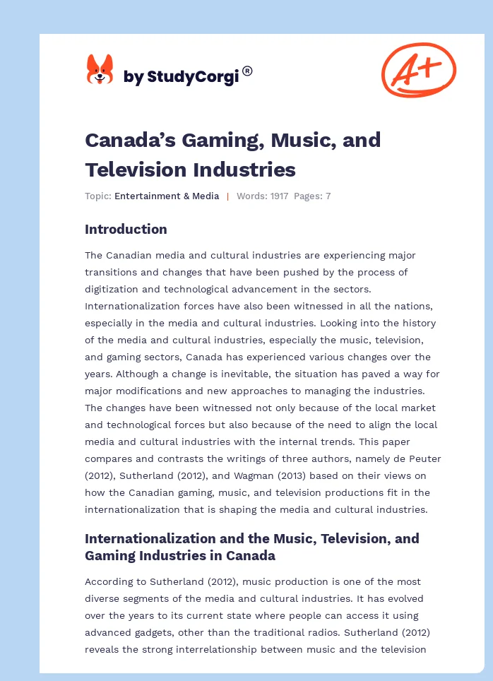Canada’s Gaming, Music, and Television Industries. Page 1