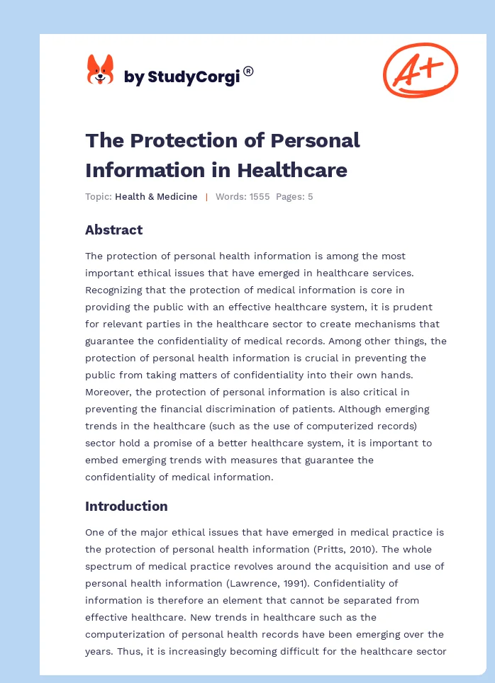 The Protection of Personal Information in Healthcare. Page 1