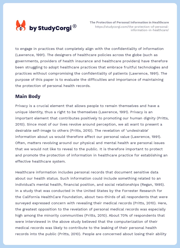 The Protection of Personal Information in Healthcare. Page 2