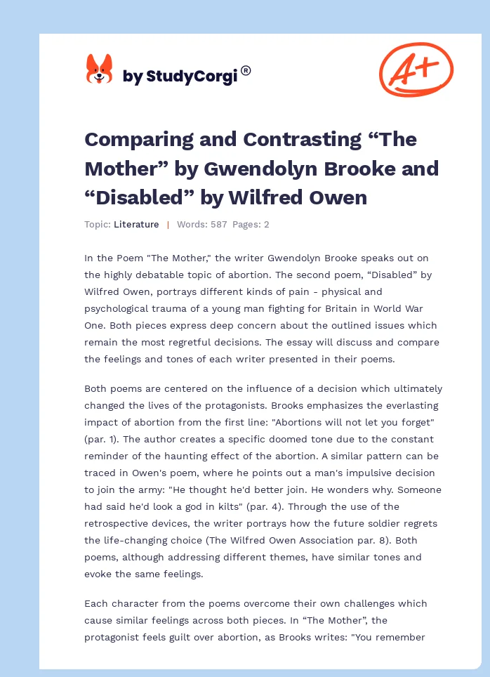 Comparing and Contrasting “The Mother” by Gwendolyn Brooke and “Disabled” by Wilfred Owen. Page 1