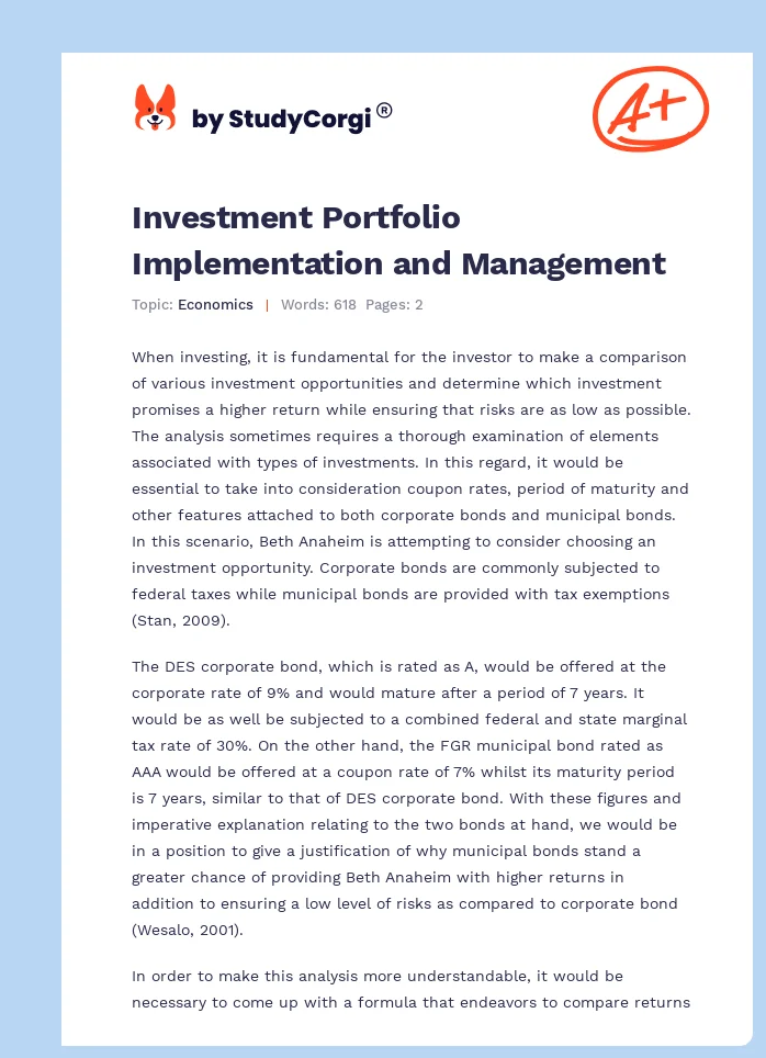 Investment Portfolio Implementation and Management. Page 1