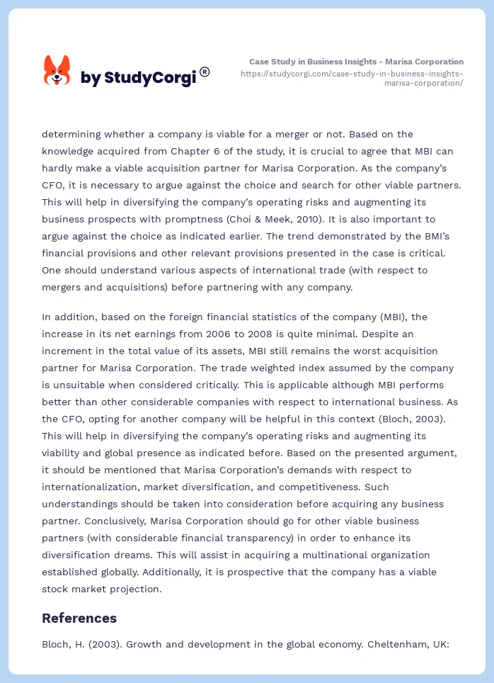 Case Study in Business Insights - Marisa Corporation. Page 2
