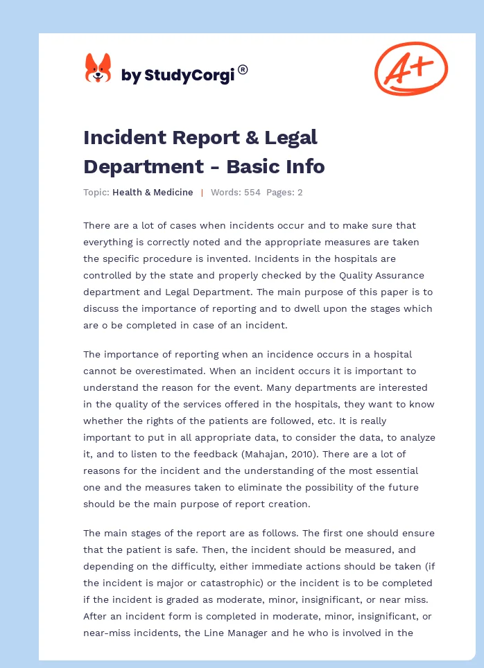 Incident Report & Legal Department - Basic Info. Page 1