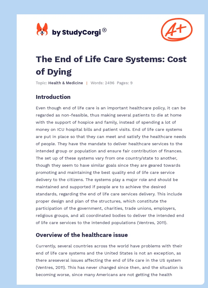 The End of Life Care Systems: Cost of Dying. Page 1
