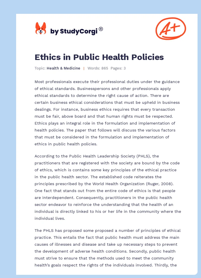 Ethics in Public Health Policies. Page 1