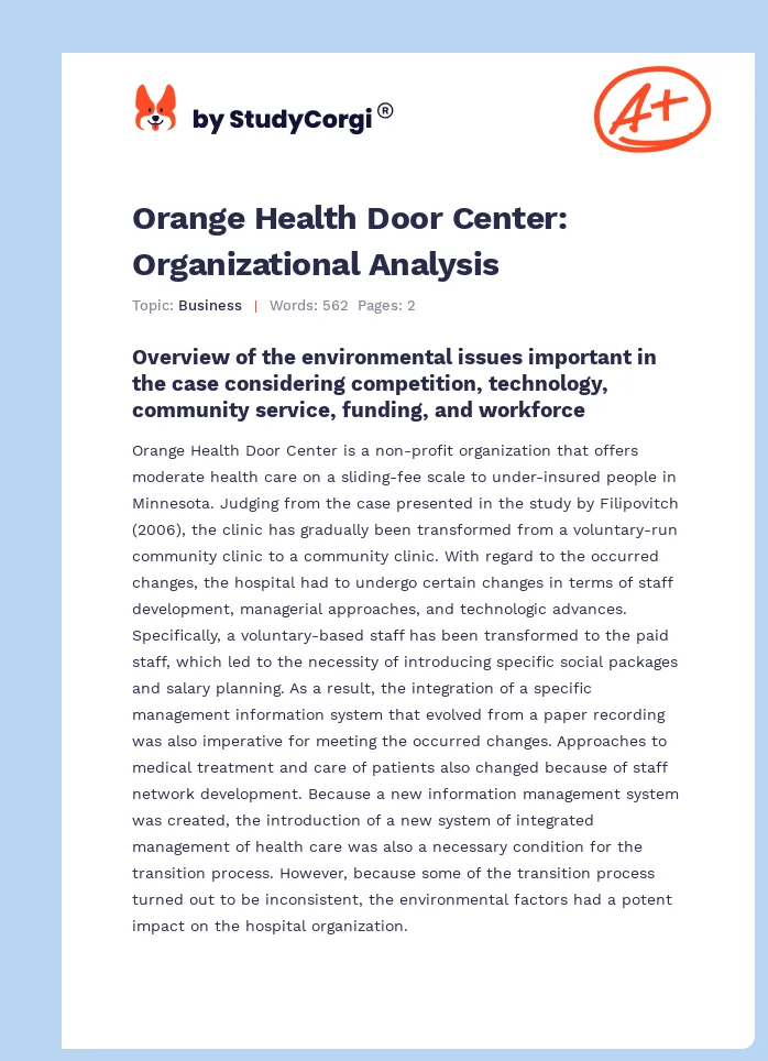 Orange Health Door Center: Organizational Analysis. Page 1
