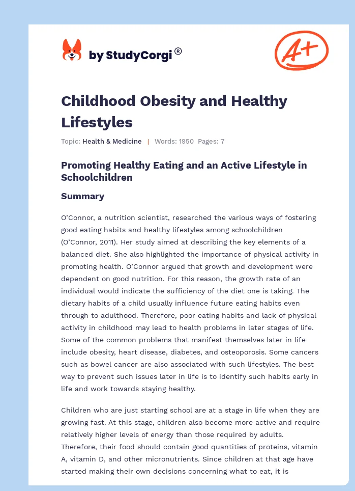 Childhood Obesity and Healthy Lifestyles. Page 1